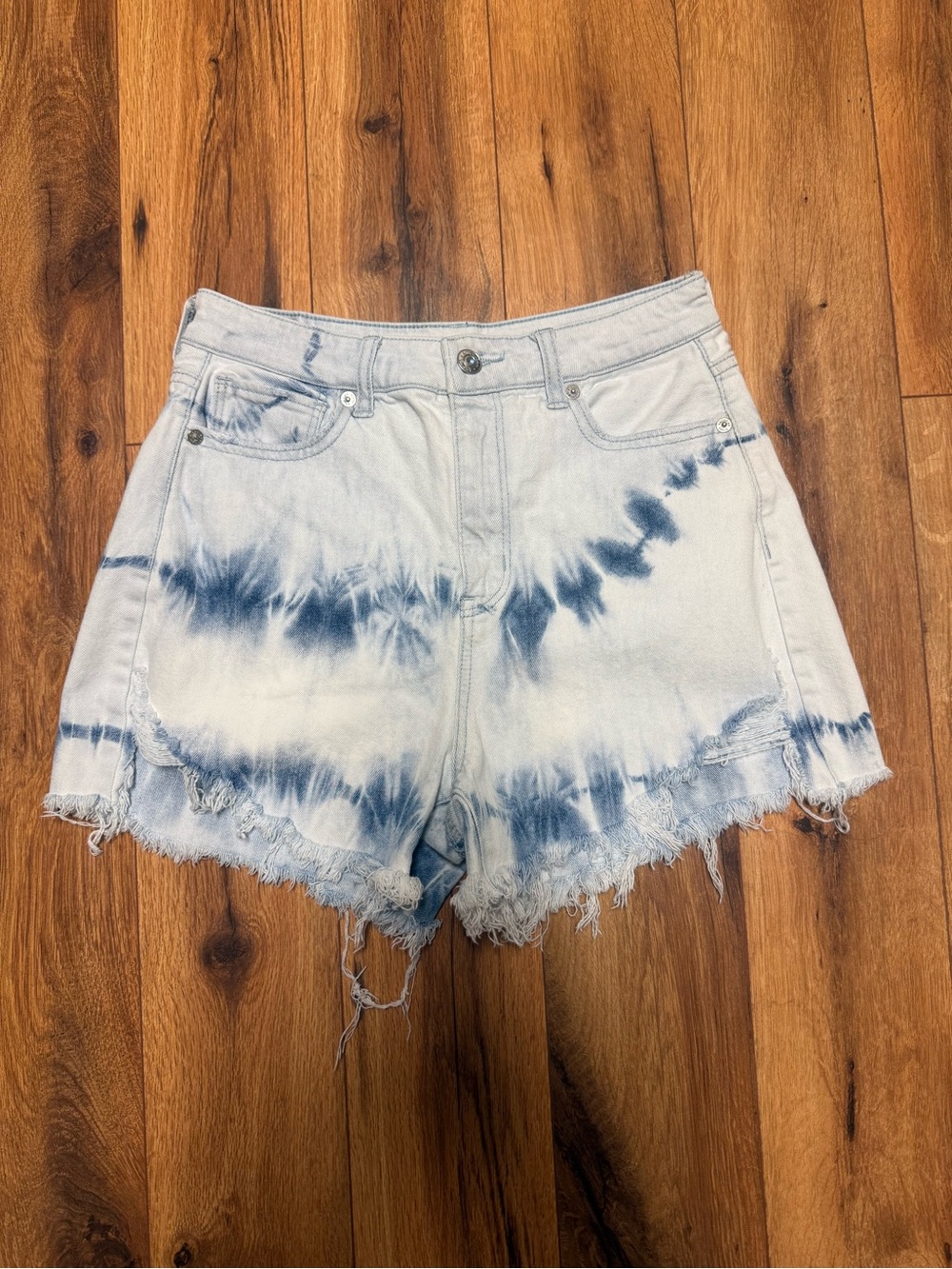 American Eagle Outfitters Light Blue Tie-Dye High-Waist Mom Denim Shorts